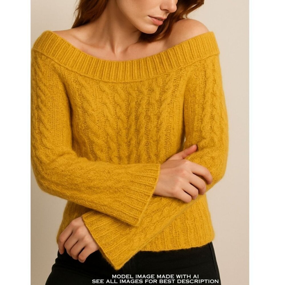 Vintage Cable Knit Sweater XL Off Shoulder Flutter Cuffs Gold Metallic Cozy